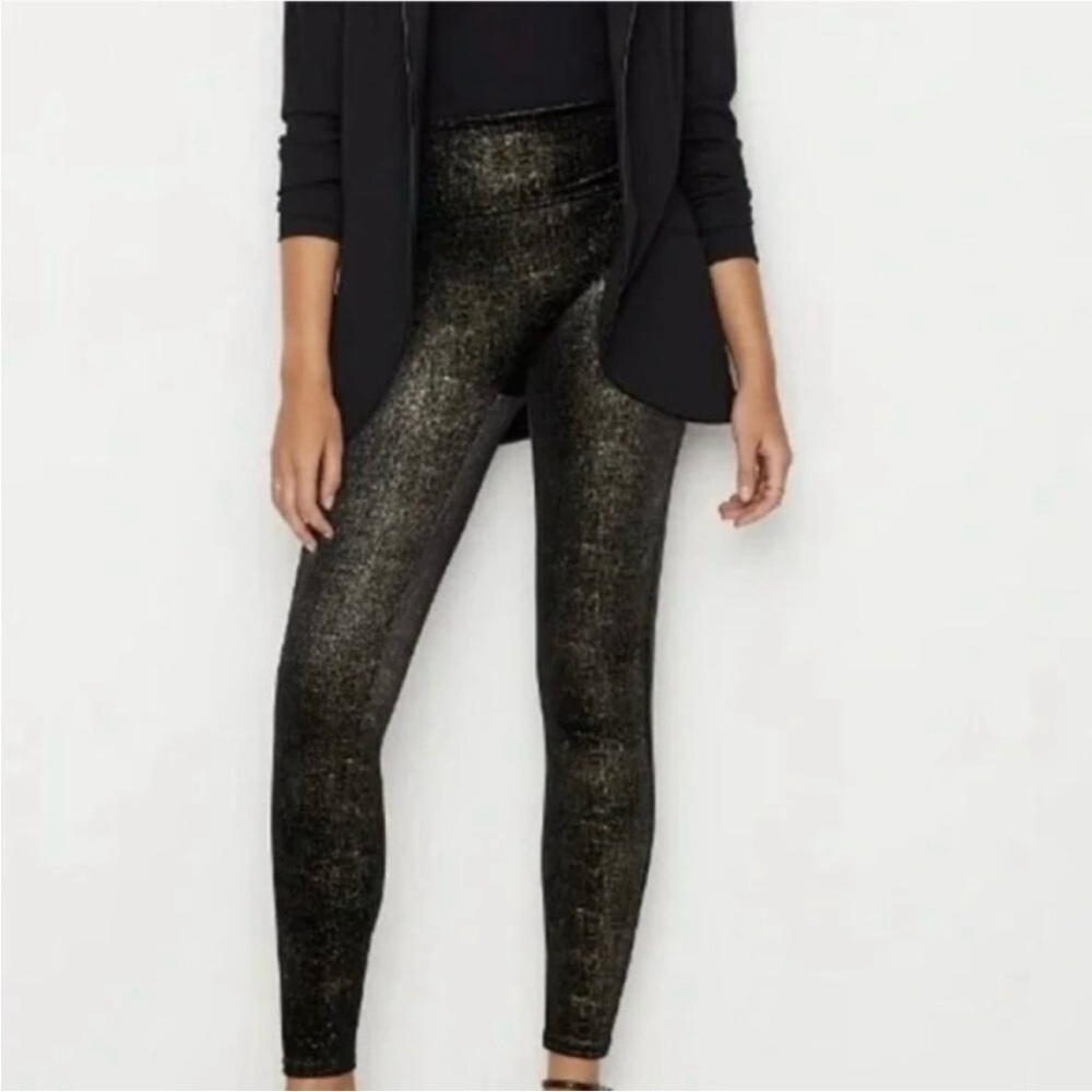 SPANX Black/Metallic Gold Velvet Shine Leggings Sz L EUC